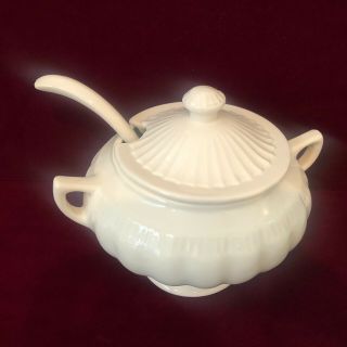 Vintage Large White Ceramic Ironstone Footed Soup Tureen With Lid And Ladle