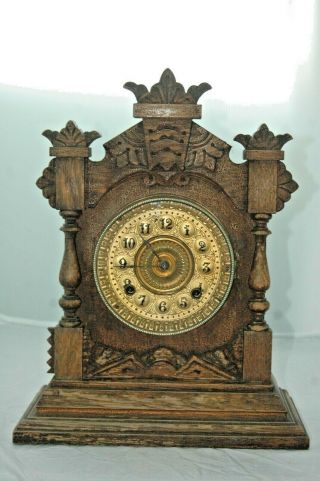 Antique " Ansonia " Carved Mantle Clock With Key.