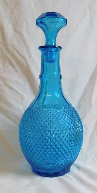Round Vintage Italian Blue Art Glass Decanter With Matching Stopper (signed)