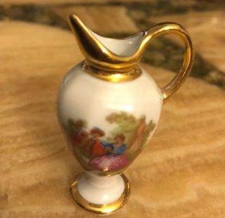 Vintage Miniature Limoges France Porcelain Pitcher Romantic Couple Flowers Gold