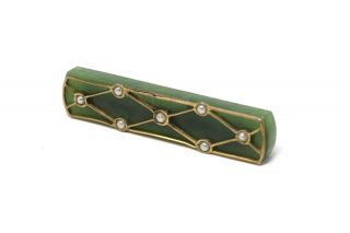 A Pretty Antique Victorian 9ct Yellow Gold Nephrite Jade & Pearl Brooch 22905