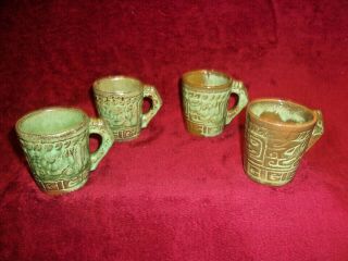 4 Vintage Frankoma Pottery 7c Mayan - Aztec Cups,  Ada Clay,  Prairie Green Glaze