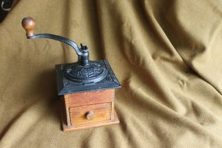 Vintage Antique Cast Iron & Dove Tail Wood Hand Crank Coffee Grinder