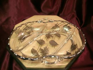 Vtg 3 Section Divided Relish/candy Glass Dish W/silver Overlay Leaves - 11 " X7 " - F/s