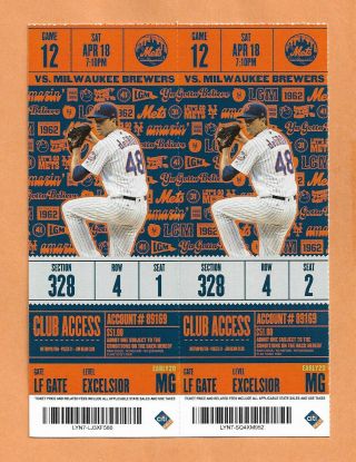 Degrom Cy Young Mets Vs Brewers Ticket Stub Apr 18,  2020 Cancelled Season