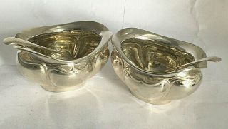 Pair Antique George V Sterling Silver Salt Dishes & Spoons 1910