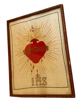 Antique 1939 Ihs Sacred Heart Of Jesus Christ Sewn Art.  Framed Wall Hanging