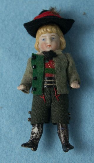 3 " Antique All Bisque Boy Doll In Clothes Dollhouse