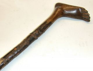 Antique Hand Carved Wood Walking Stick - Handle Carved As A Foot - 88 Cm Tall