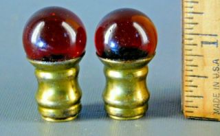 Pair Vintage Red Glass Ball & Brass Lamp Finials 1 1/4  High N116