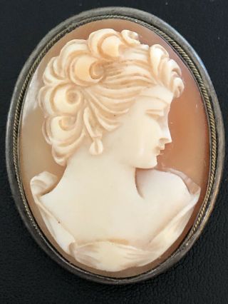 Antique Art Deco Italian 800 Silver Cameo Pin Brooch Pendant Of Young Woman Lady