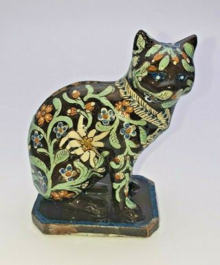 Rare Antique Swiss Thoune Pottery Cat Money Box C.  1900 