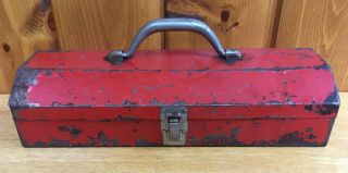 Vintage Red Metal Industrial Tool Box Tackle Sewing Box Storage