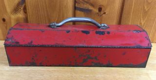 Vintage Red Metal Industrial Tool Box Tackle Sewing Box Storage 3