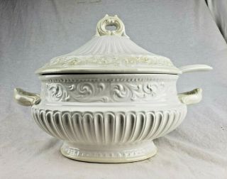 Ornate Vintage Antique Large White Soup Tureen W/ Lid & Ladle