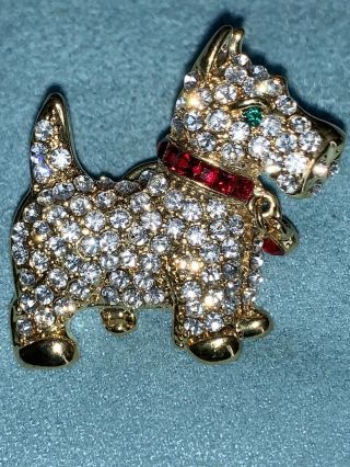 Vintage Scottie Dog Brooch Pin Gold Tone Green Eyes Rhinestone Pave Red Collar