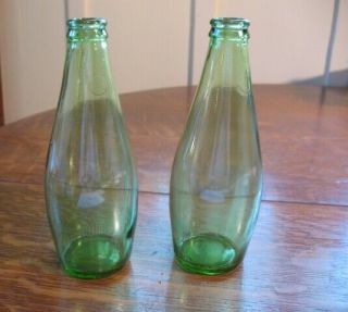 2 Vintage Perrier Bottles Bowling Pin Shape Green Glass Embossed 33 Cl