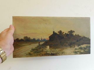 Really Old Painting Antique Oil On Canvas Dusk Landscape