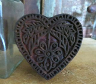 Primitive Country Farmhouse Carved Wood Heart W Flower Butter Mold Stamp Press