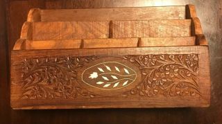 Vintage Indian Wood Hand Carved Inlaid Letter Holder Desk Organizer