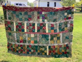 Gorgeous Vintage Nine Patch Quilt Top 55x76” Upholstery Fabric Brocade Bohemian