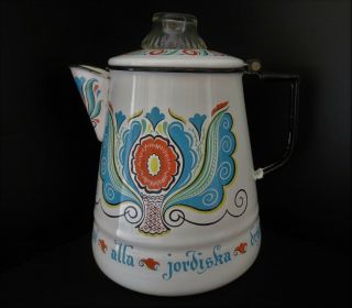Antique Vintage Swedish Porcelain Enamel Enamelware Coffee Pot Folk Art Great