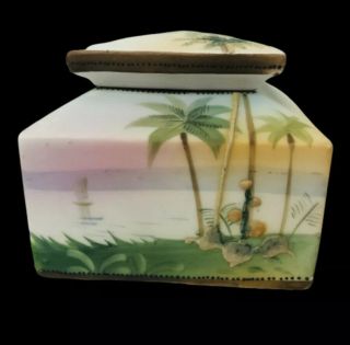 Antique Nippon Japanese Inkwell Landscape Scene C 1910 Hand Painted Ocean Palms