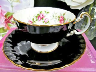 Aynsley Tea Cup And Saucer Black Oban With Pink Roses Inside Teacup Gold Gilt