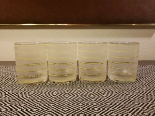 Vtg Mcm Barware Culver Ylw Stripe/frosted Band Lowball Rocks Cocktail Glasses ×4
