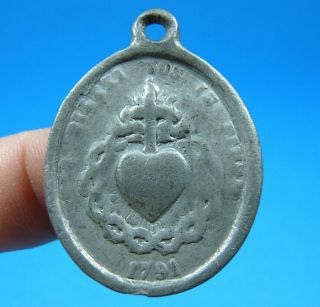 Rare Metal 1791 Vachette Sacred Hearts Antique Old Religious Medal Charm 1700s
