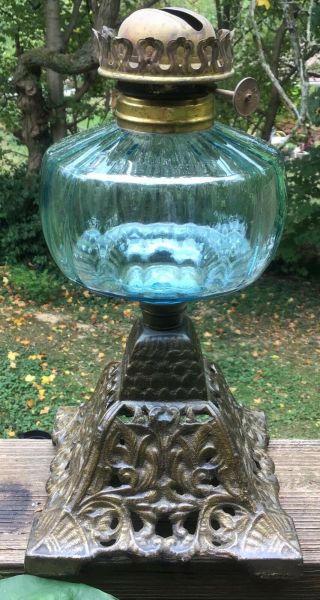Antique Ornate Cast Iron Base Oil Lamp With Blue Glass No.  3 Oil Font