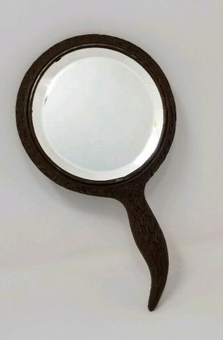 Vintage Hand Held Beveled Mirror Vanity Faux Wood Sterling Silver Accent 2