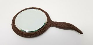 Vintage Hand Held Beveled Mirror Vanity Faux Wood Sterling Silver Accent 3
