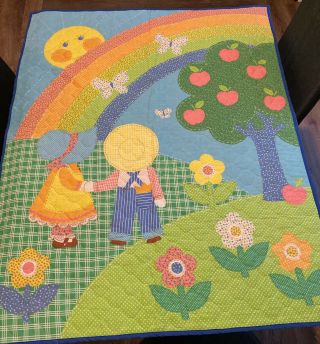 Vtg Handmade Baby Lap Crib Blanket Sunbonnet Sue/sam (dutch Girl) Bright Colors