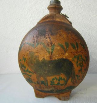 1929 Old Wooden Hand Painted Antique Primitive Wedding Vessel With Bull / Bison