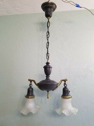 Vintage Victorian Art Deco Hanging 2 Bulb Ceiling Light Fixture Chandelier
