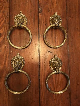 Set Of 4 Vintage Lion Head Brass Gold Tone Towel Rings • Made In Hong Kong