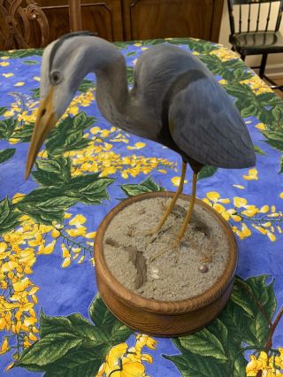Vintage Great Blue Heron Carved Bird By Ged 1981 8 " H On Wooden Base Signed
