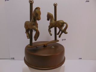 Vintage Solid Brass Music Box Carousel Horses On A Pole