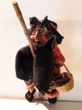 Vintage Reto Kitchen Witch Doll On A Broom Halloween (porcelain Face Arms& Legs)