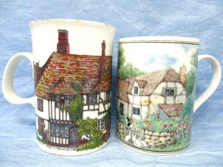 Vintage Fine Bone China Mugs Set Of Two With Cottages