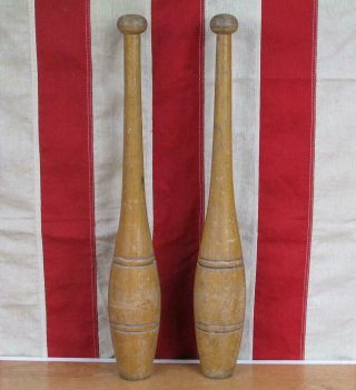 Vintage 1940s Wood Indian Club Exercise Pins 3/4 Lbs.  Gym Decor 17 " Tall Antique