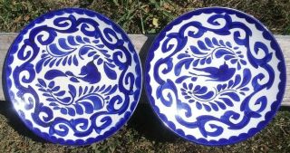Vtg Anfora Puebla Blue Set 2 Dessert Plates Hand Painted Mexican Hacienda 7 - 1/4 "