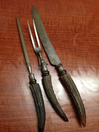 Antique Lamson & Goodnow Stag Antler Carving Set Knife Fork Sharpener Sterling