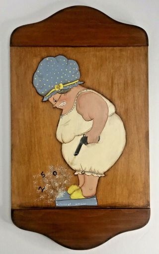 Vintage Wood Folk Art Hand Painted Figural Fat Woman Shooting Scale Wall Plaque