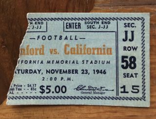 1946 Ticket Stub College Football Cal Bears Stanford Indians " Big Game " Ncaa