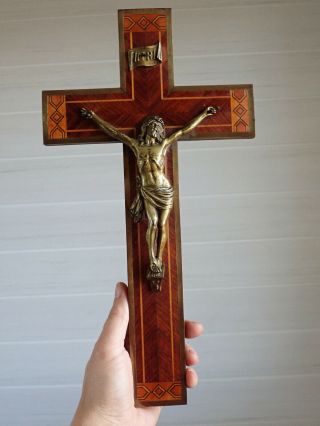 ⭐ Antique French Religious Cross,  Inlaid Crucifix,  Marquetry⭐