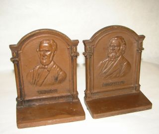 2 Antique Bradley And Hubbard B&h Cast Iron Longfellow Whittier Bookends C.  1920s