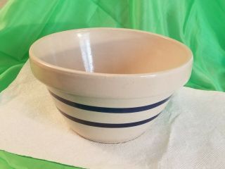 Vintage Rrp Co Roseville Ohio Ransbottom Pottery Mixing Bowl 9 " W/ Navy Stripes