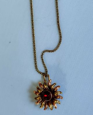 Vintage Van Dell Pendant Necklace Starburst Flower Ruby Red Stone 12k Gf